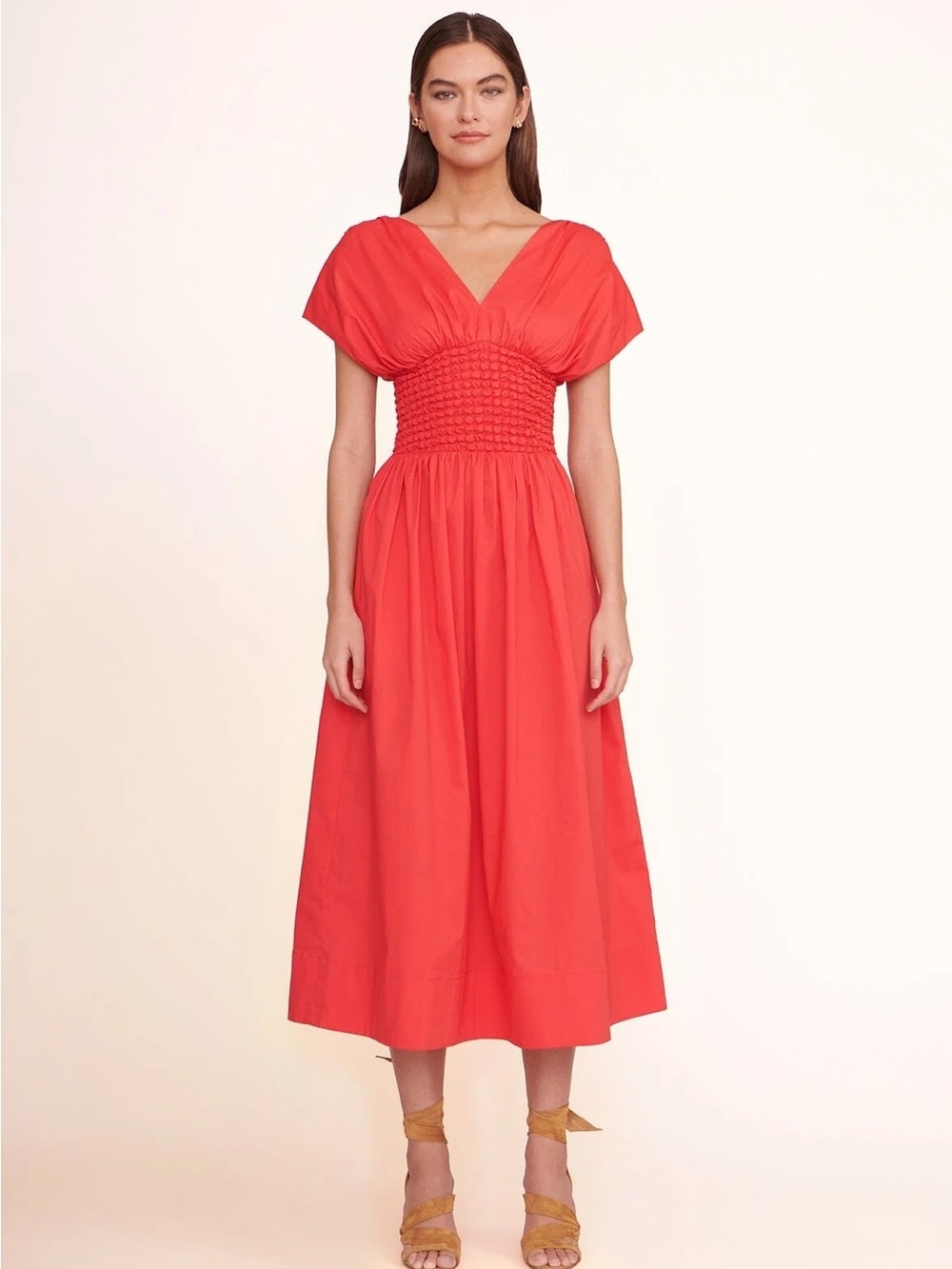 NWT STAUD Jackson dress midi v neck smocked in tawny port burgundy maroon cotton